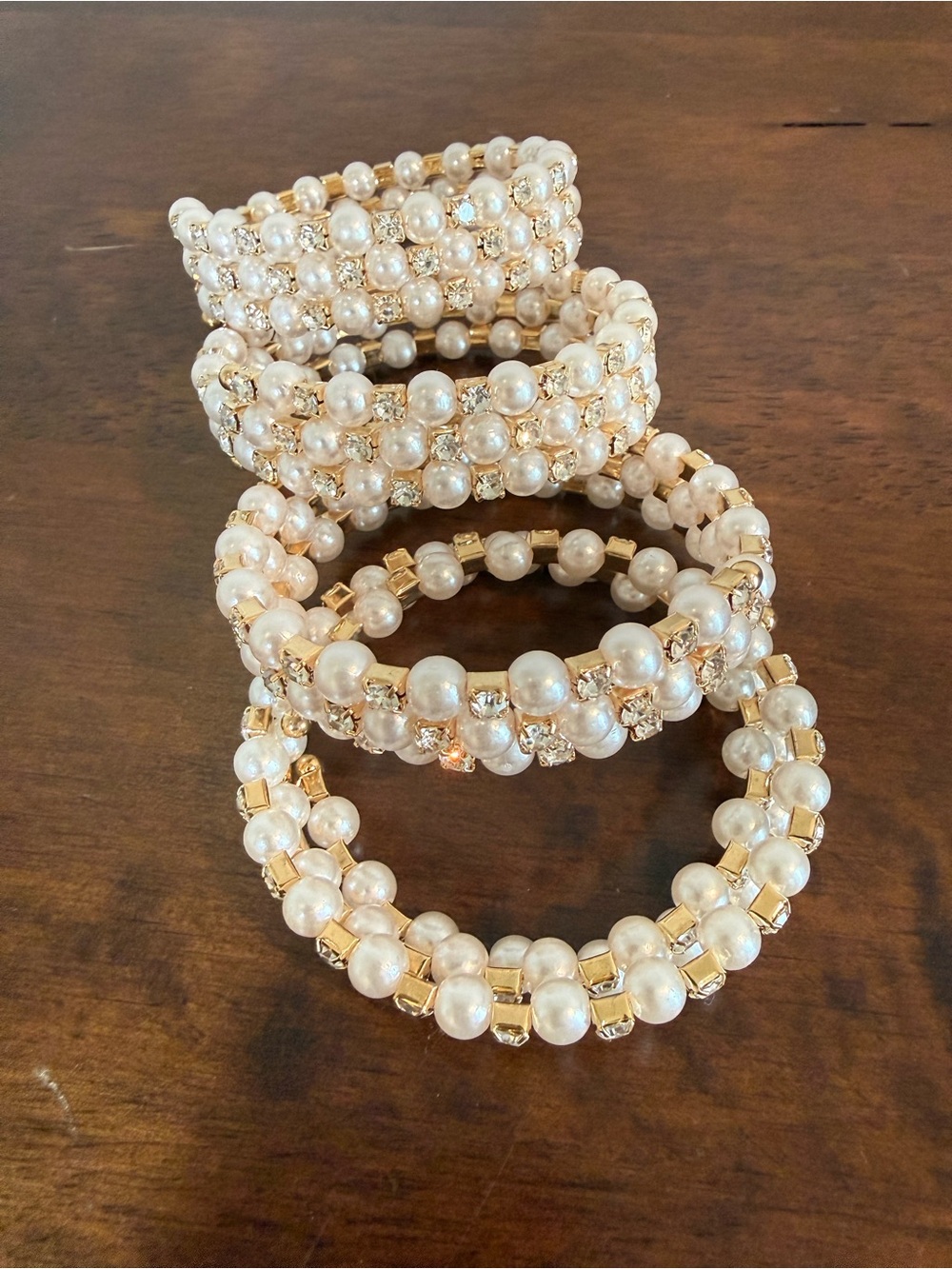 Lot of FOUR Faux Pearl Layered Wrap Bracelets Gold and Rhinestone Crystals.